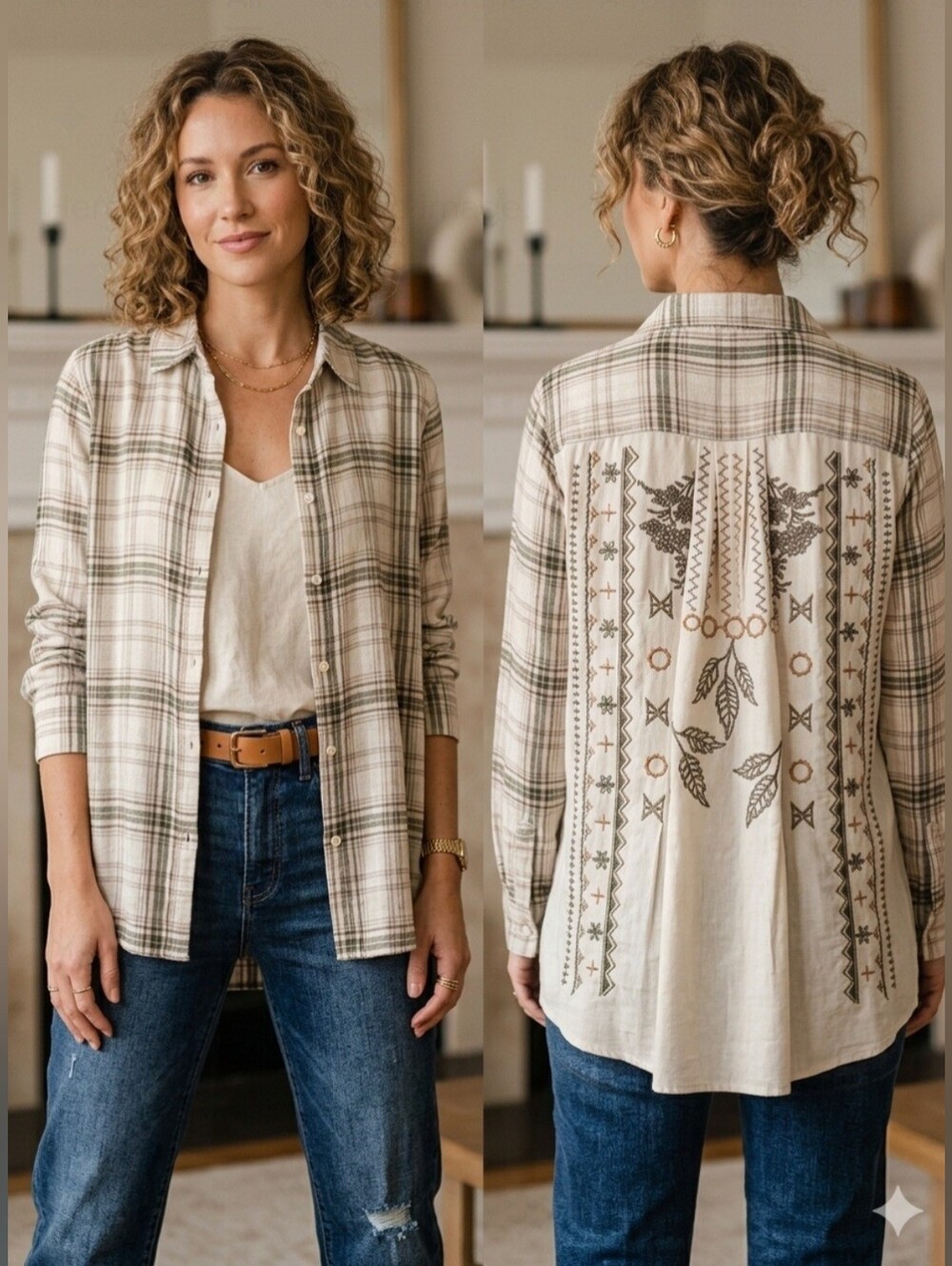Mixed Media Boho Embroidered Back Plaid Button-Up Shirt in Cream Taupe & Green